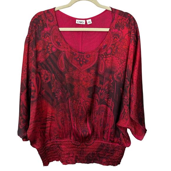 Cato Poncho Blouse Womens XL Red‎ Black Paisley Floral Elastic Waist Bohemian - Picture 1 of 7